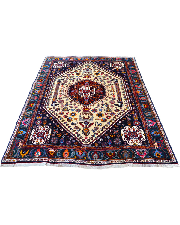 Tappeto elegante 239x160 cm avorio con bordo blu per studio classico.