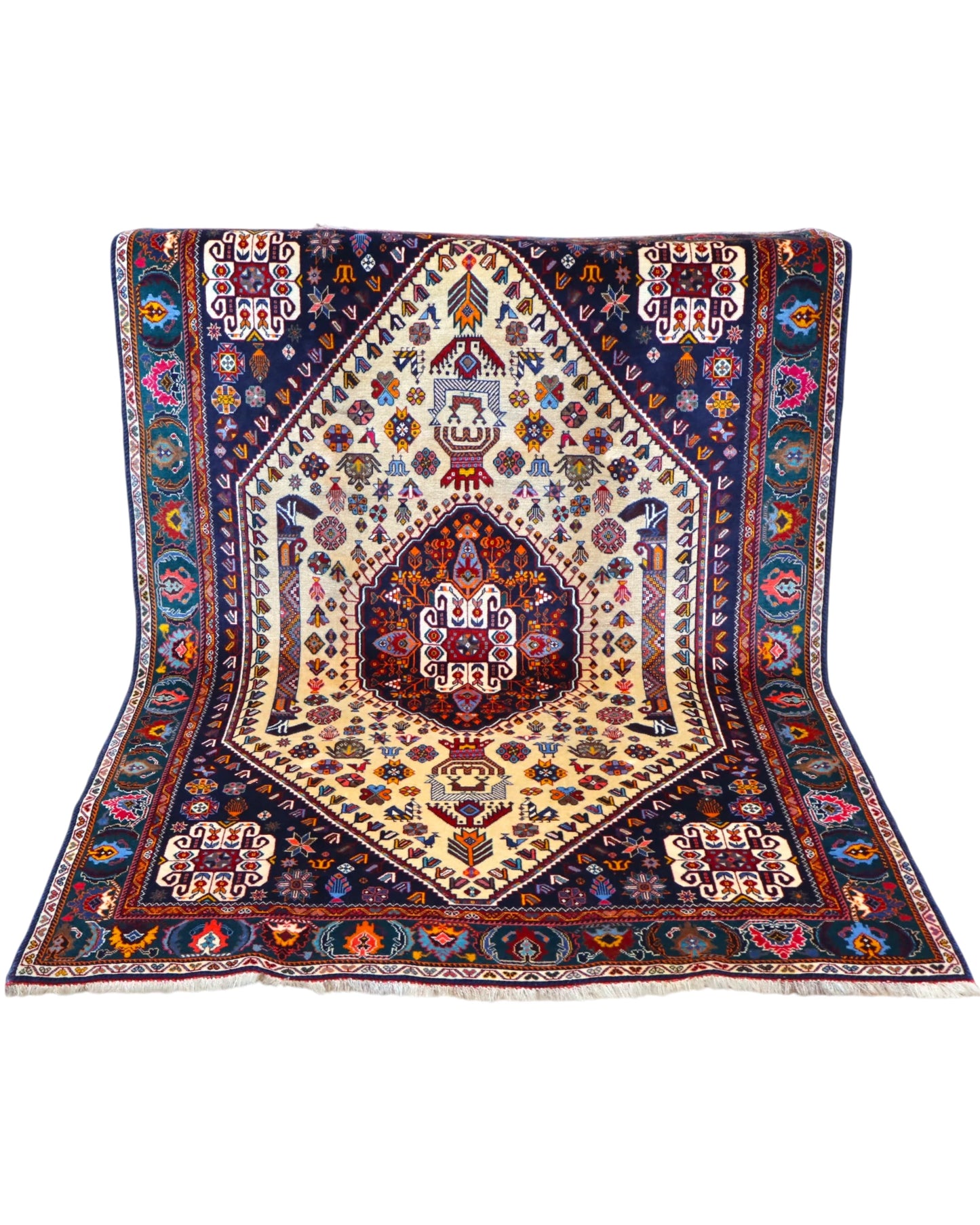 Tappeto persiano Ghashghai 239x160 cm blu notte e avorio per ingresso raffinato.