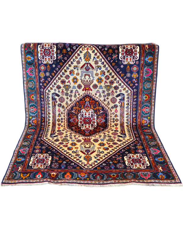 Tappeto persiano Ghashghai 239x160 cm blu notte e avorio per ingresso raffinato.
