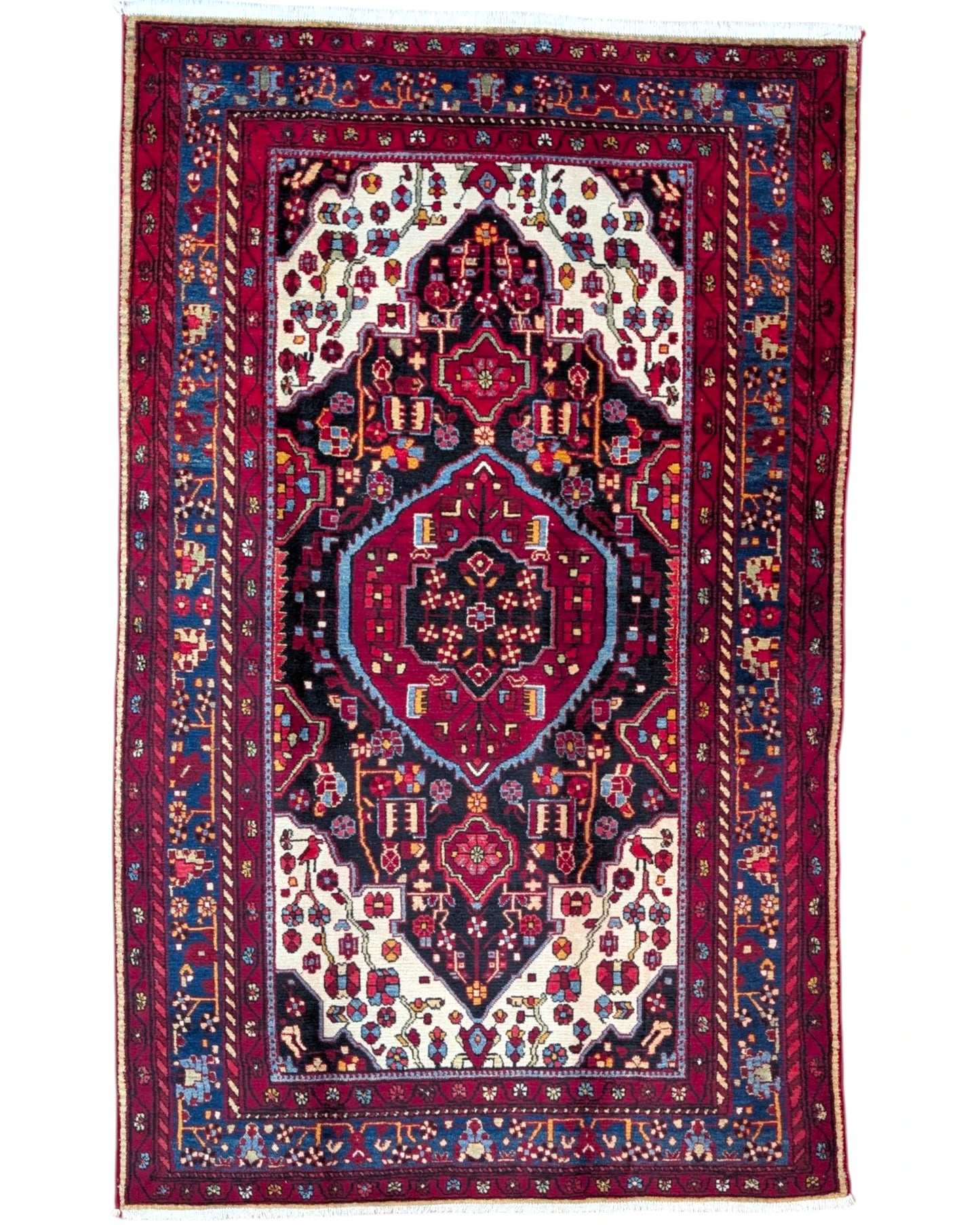 Tappeto persiano Nahavand 252x158 cm rosso e blu per soggiorno elegante