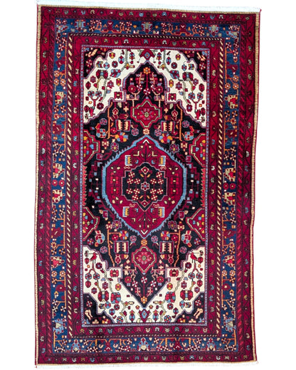 Tappeto persiano Nahavand 252x158 cm rosso e blu per soggiorno elegante