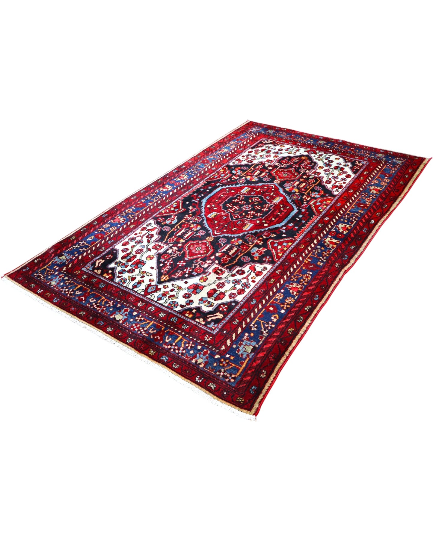 Tappeto persiano geometrico blu e rosso per sala da pranzo