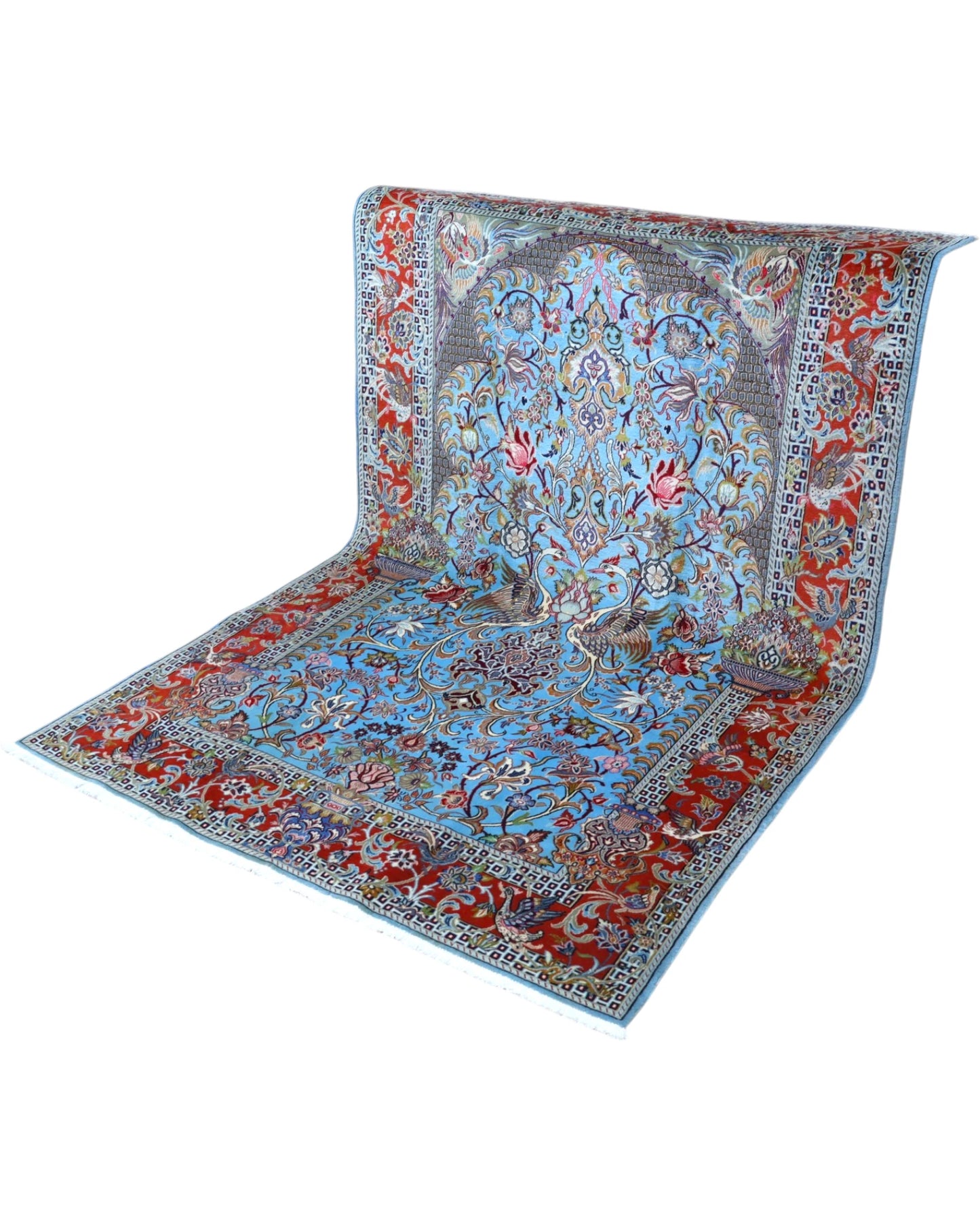 Tappeto 250x158 cm azzurro e crema per ingresso luminoso in stile persiano classico.