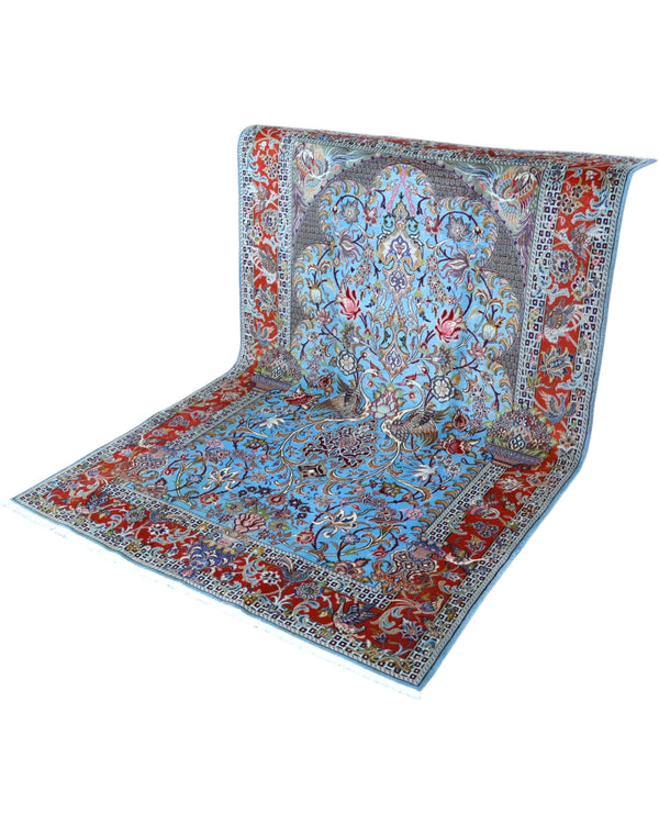 Tappeto 250x158 cm azzurro e crema per ingresso luminoso in stile persiano classico.