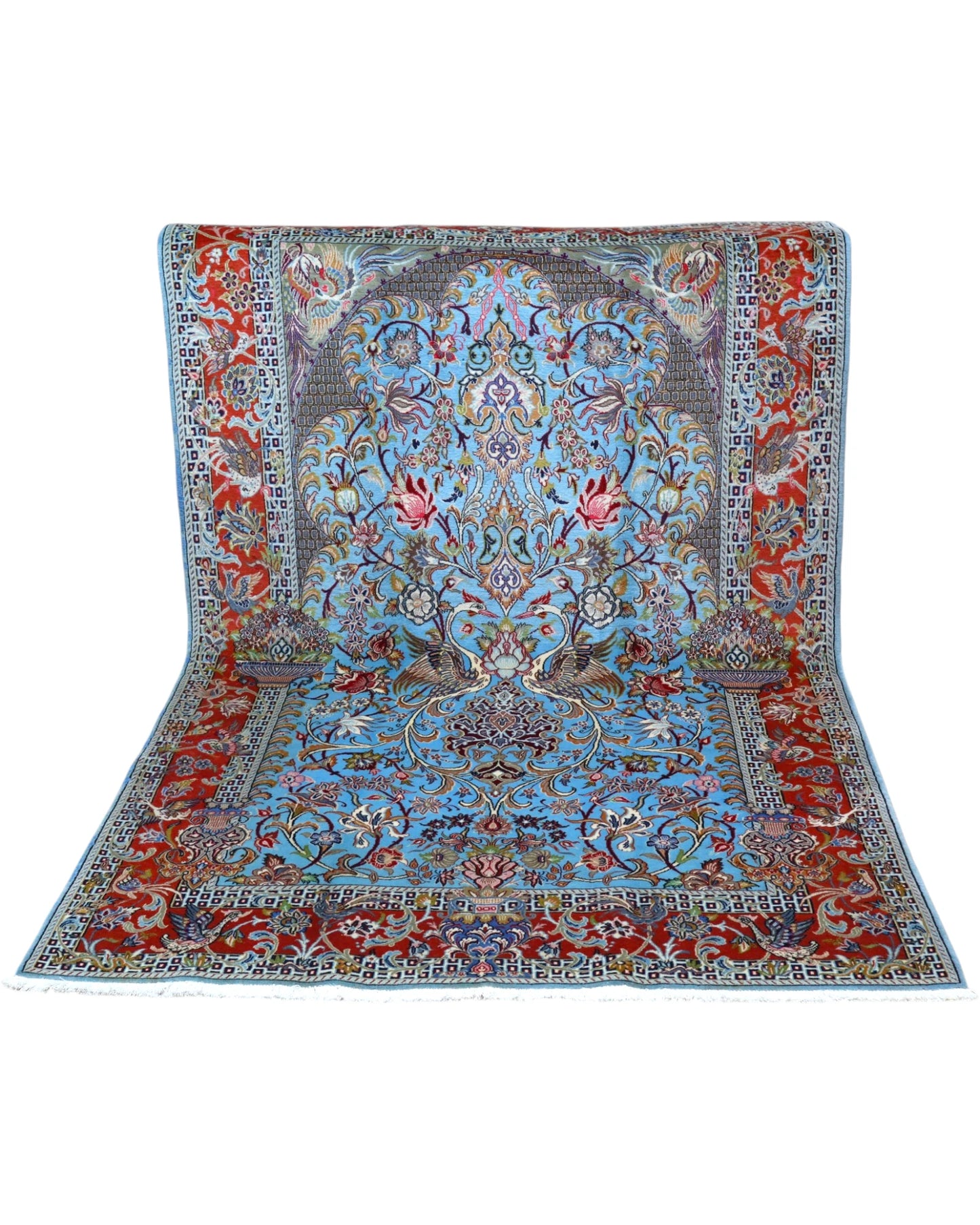 Tappeto 250x158 cm turchese per camera raffinata con medaglione centrale Kashan.