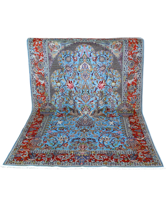 Tappeto 250x158 cm turchese per camera raffinata con medaglione centrale Kashan.