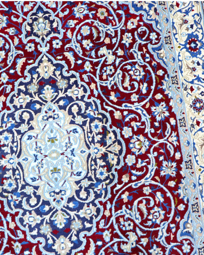 Tappeto 257x161 cm bordeaux e azzurro per studio elegante con disegno orientale.
