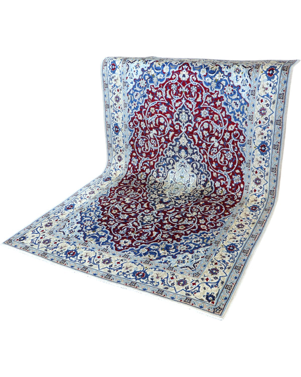 Tappeto 257x161 cm crema e blu per camera luminosa con arabeschi floreali persiani.