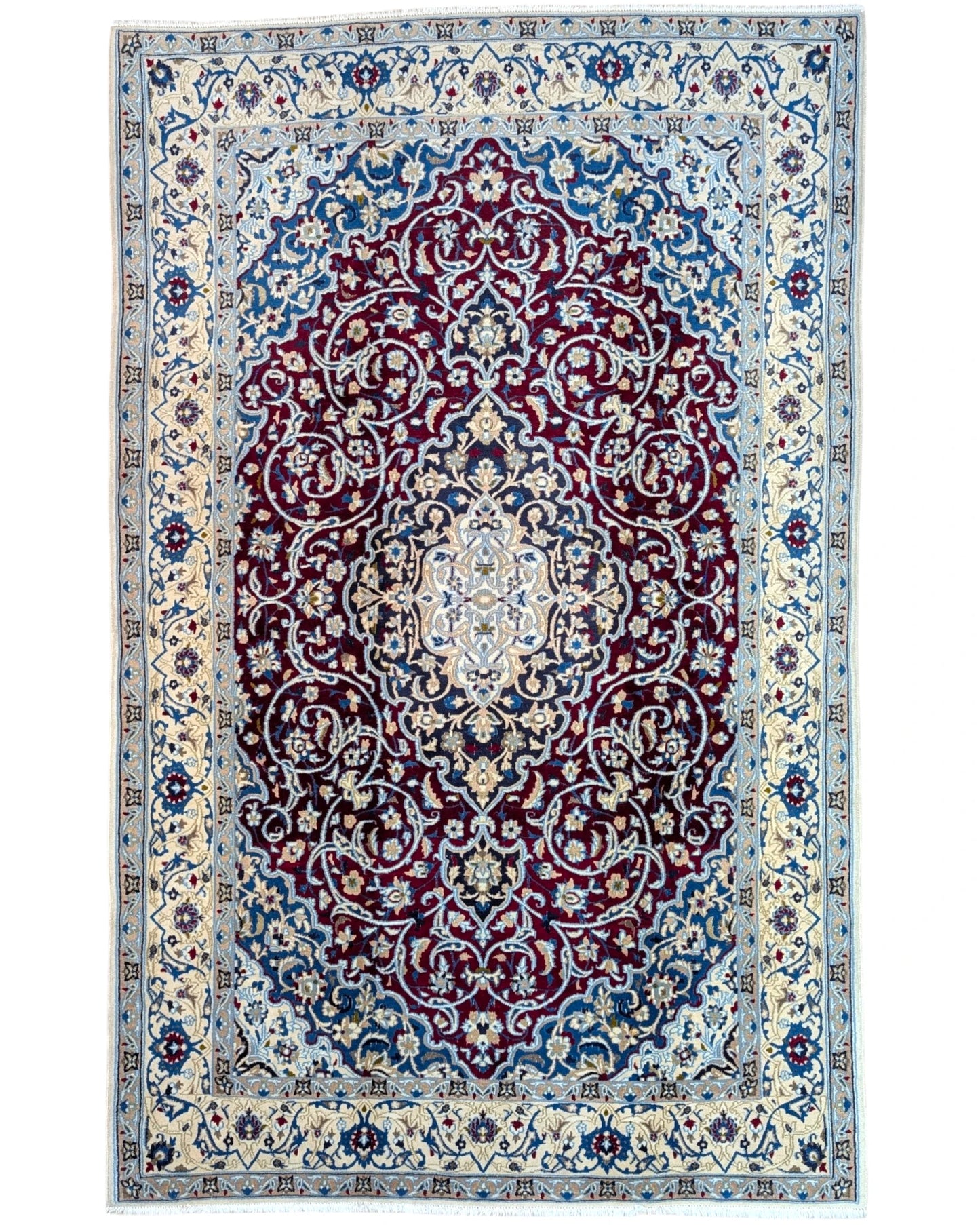 Tappeto 257x161 cm bordeaux e crema in soggiorno elegante con medaglione floreale persiano.