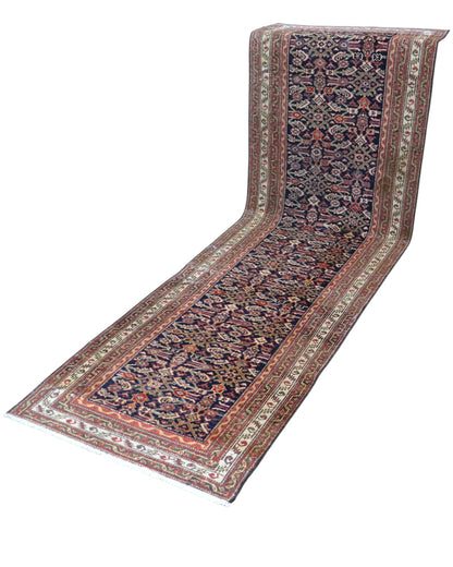 Passatoia Antico Malayer 300x90 cm annodata a mano, tappeto persiano in lana con fondo blu e motivi geometrici.