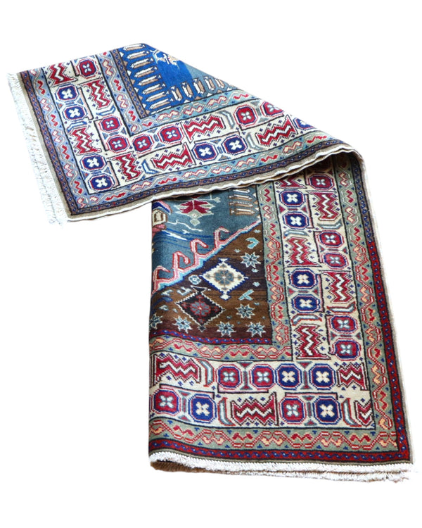 Tappeto blu con dettagli rossi 133x89 cm per ingresso elegante