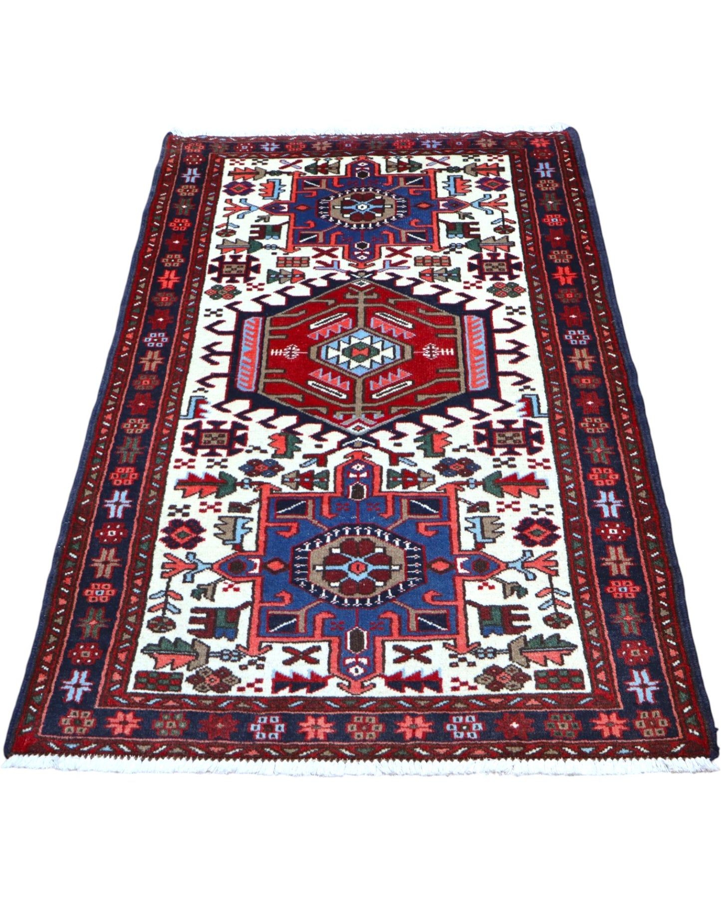 tappeto gharje caucasico 165x99 cm fatto a mano con motivi geometrici rosso e blu