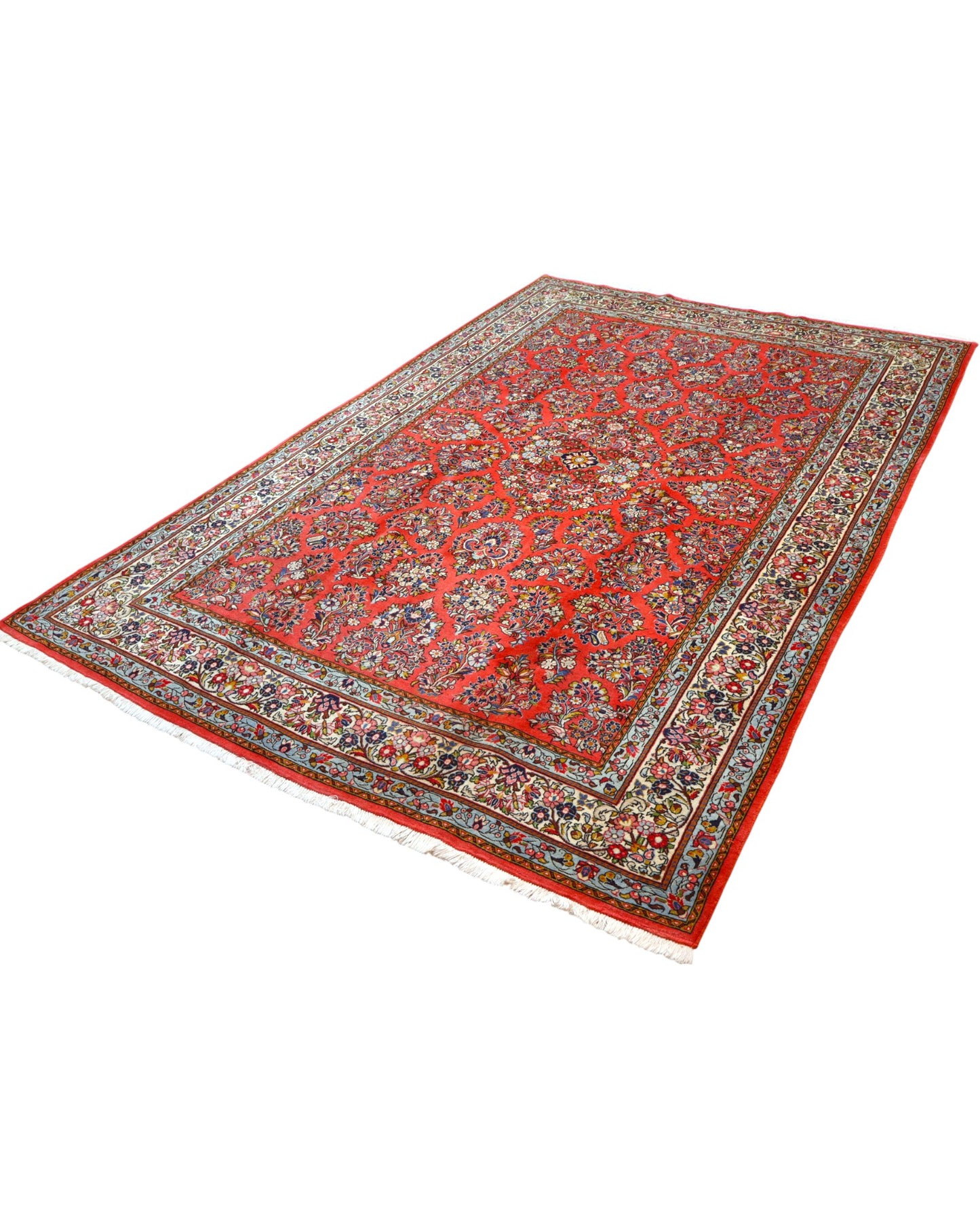 "Tappeto Saruk persiano rosso corallo con motivi floreali e bordura avorio e blu, 312x200 cm, annodato a mano."