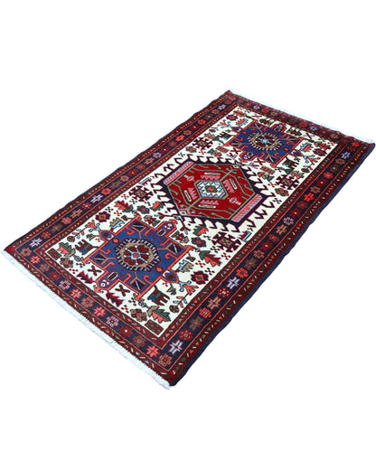 tappeto gharje caucasico 165x99 cm fatto a mano con motivi geometrici rosso e blu