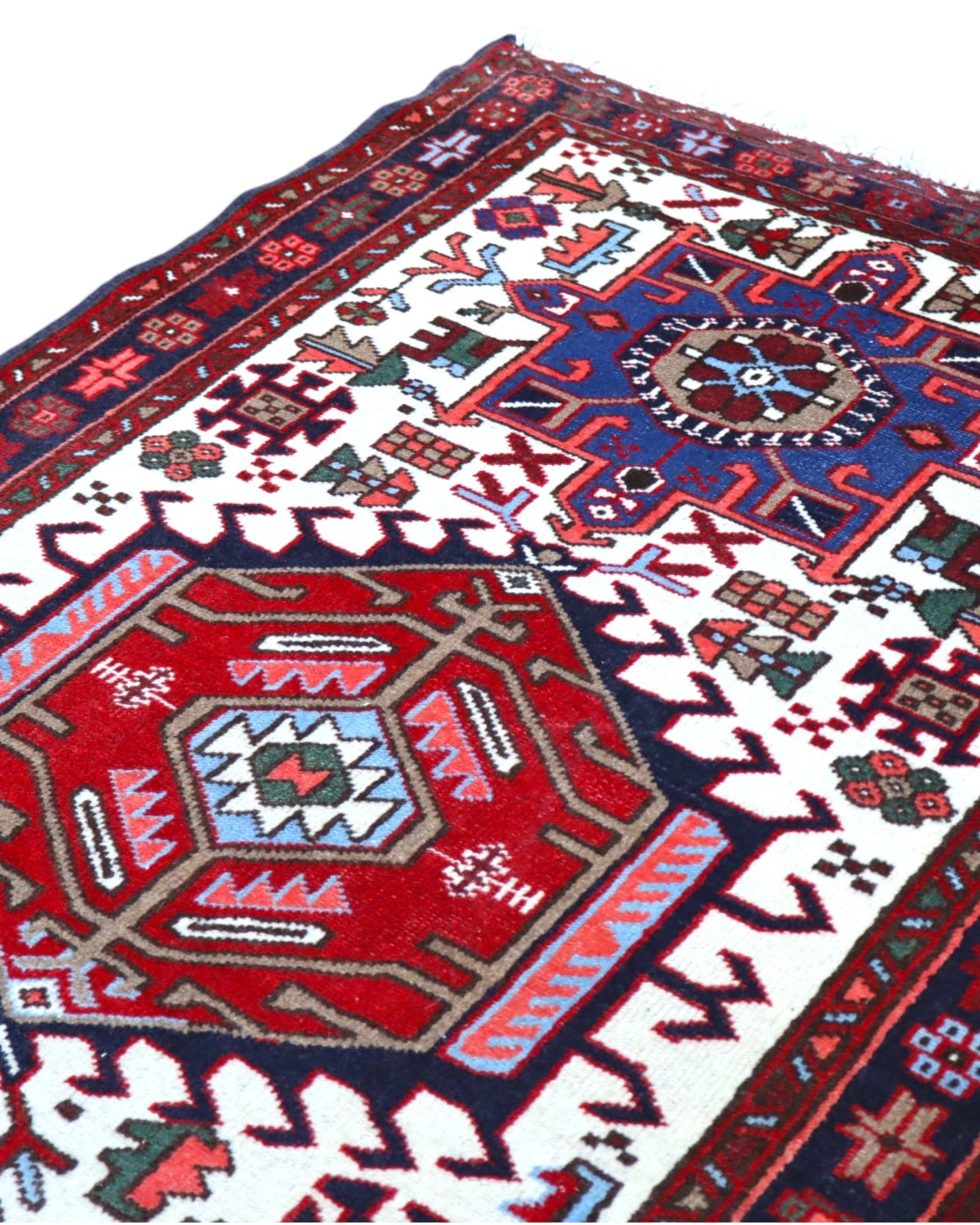 tappeto gharje caucasico 165x99 cm fatto a mano con motivi geometrici rosso e blu