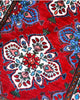 Tappeto Hamedan persiano 167x100 cm annodato a mano, fondo rosso con motivi floreali avorio e dettagli blu, design tradizionale con medaglioni simmetrici