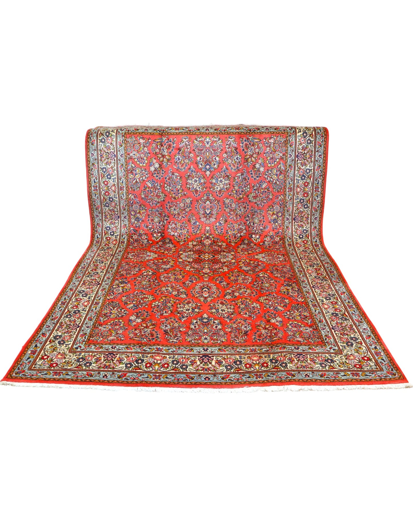 "Tappeto Saruk persiano rosso corallo con motivi floreali e bordura avorio e blu, 312x200 cm, annodato a mano."