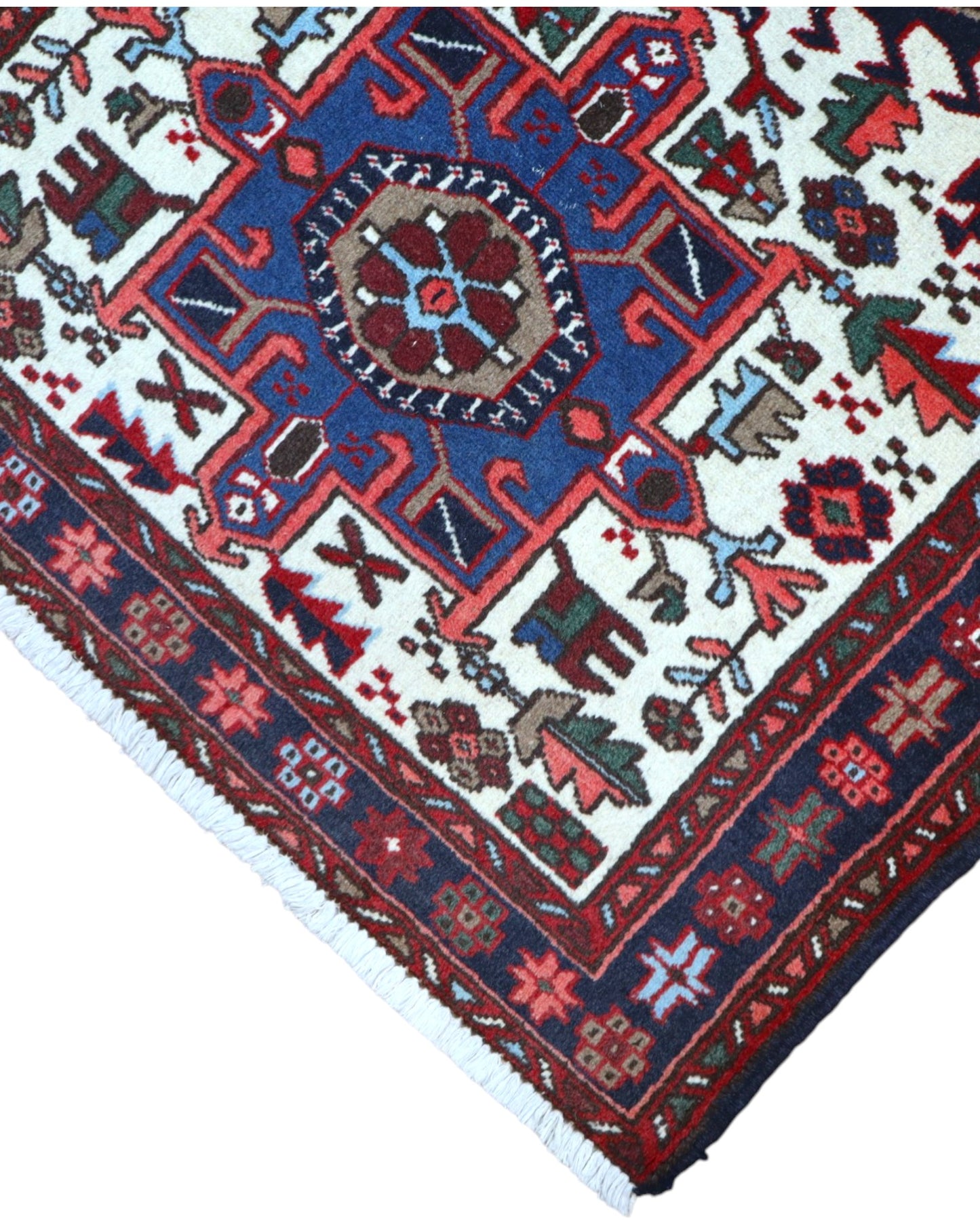 tappeto gharje caucasico 165x99 cm fatto a mano con motivi geometrici rosso e blu