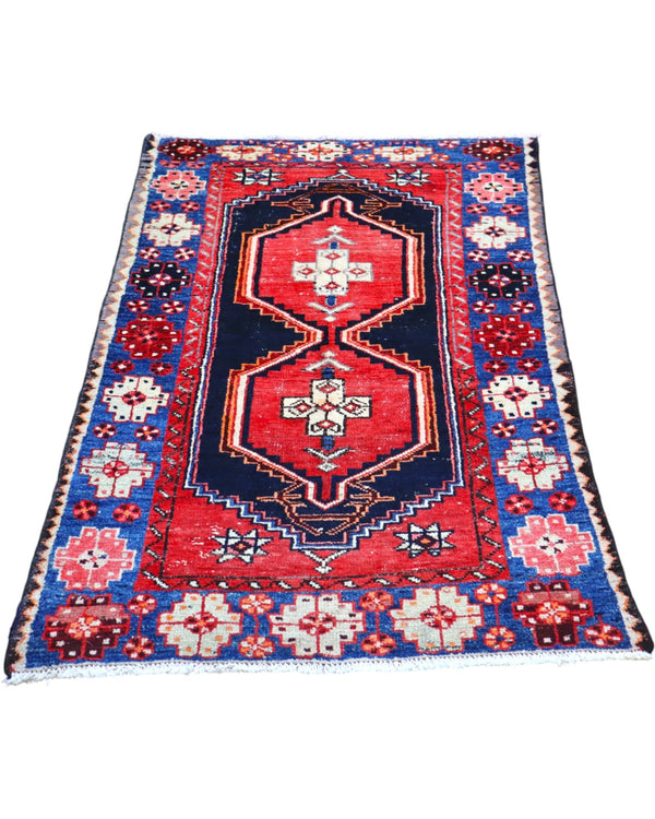 tappeto caucasico fatto a mano 146x91 cm con motivi geometrici rosso e blu