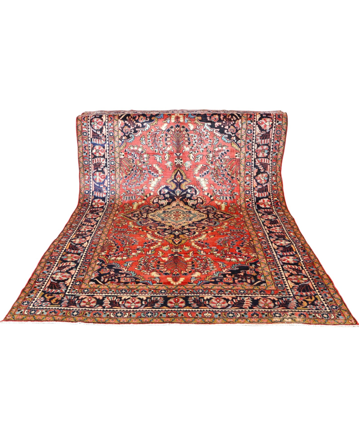 "Tappeto Liliyan persiano con fondo rosa antico e motivi floreali, 346x224 cm, annodato a mano."