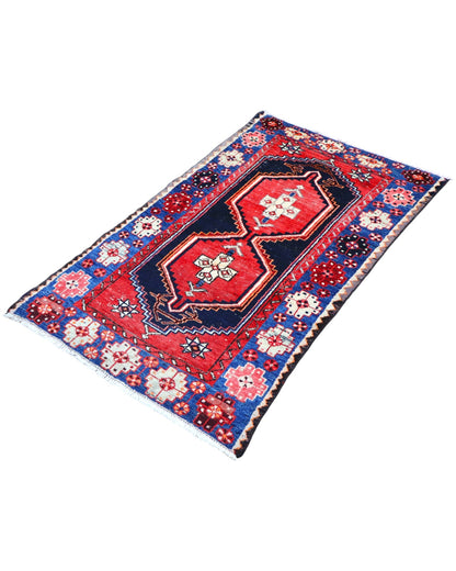 tappeto caucasico fatto a mano 146x91 cm con motivi geometrici rosso e blu