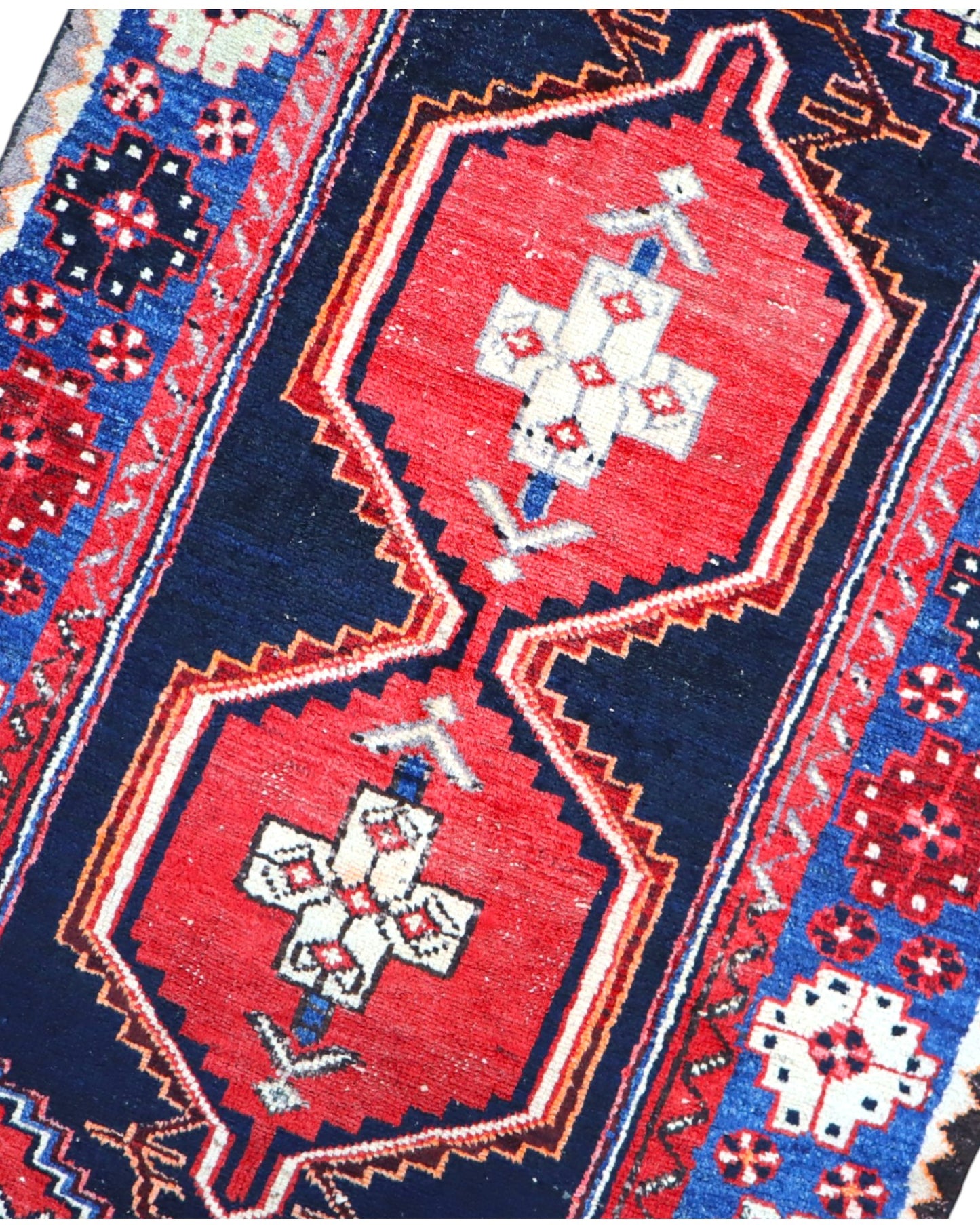 tappeto caucasico fatto a mano 146x91 cm con motivi geometrici rosso e blu