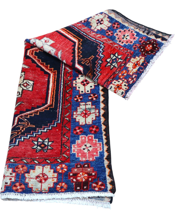 tappeto caucasico fatto a mano 146x91 cm con motivi geometrici rosso e blu