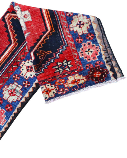 tappeto caucasico fatto a mano 146x91 cm con motivi geometrici rosso e blu