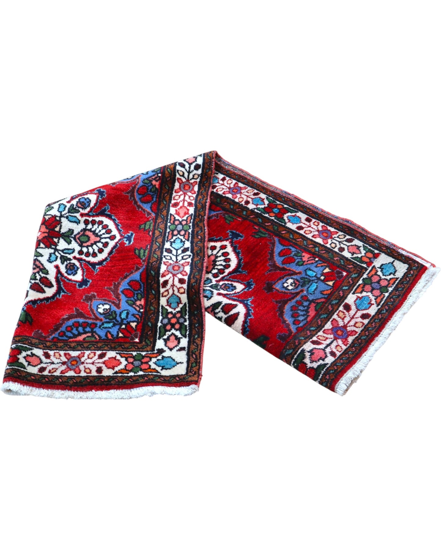 Tappeto Hamedan persiano 167x100 cm annodato a mano, fondo rosso con motivi floreali avorio e dettagli blu, design tradizionale con medaglioni simmetrici