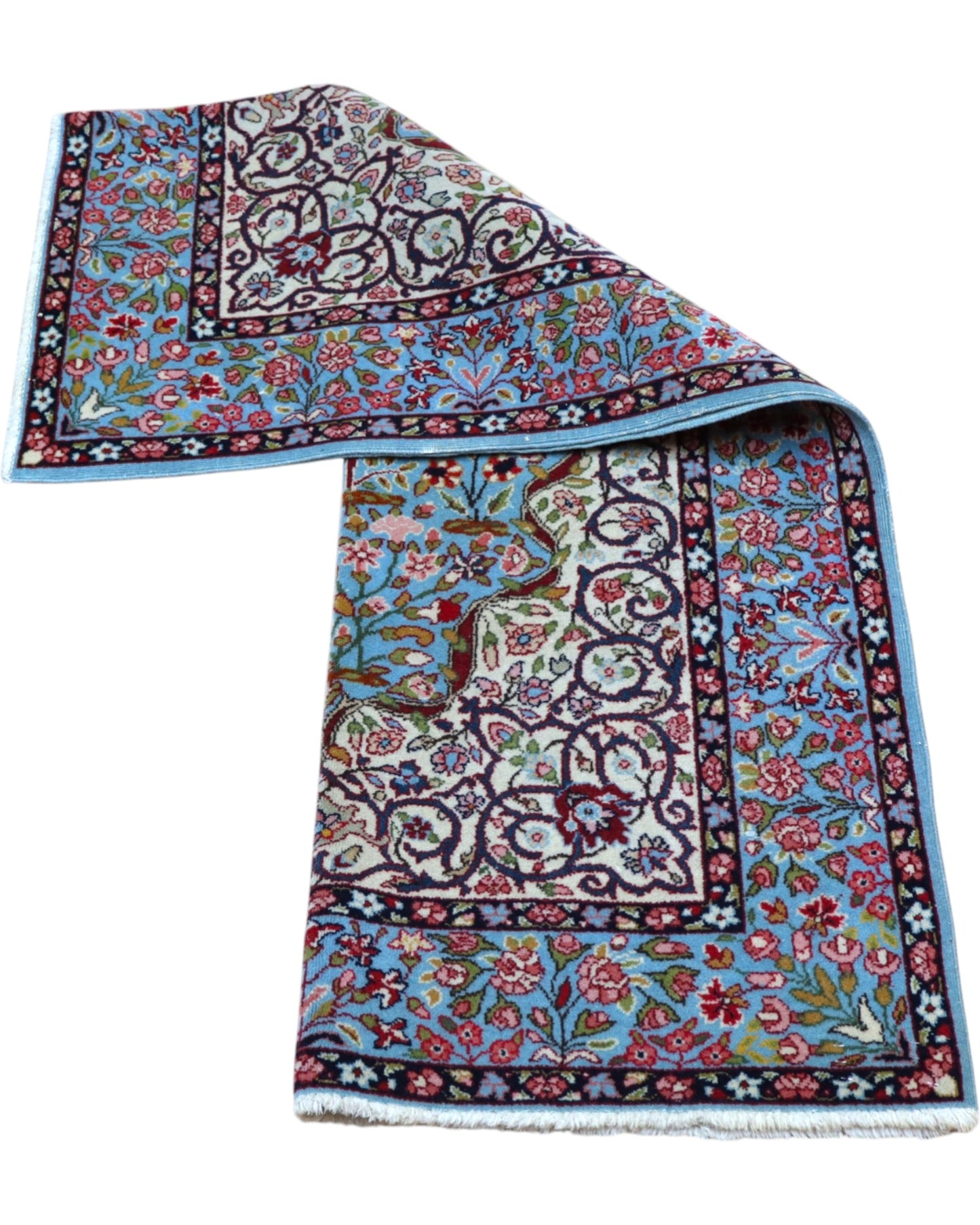Tappeto Kerman persiano 147x100 cm annodato a mano, fondo azzurro con medaglione centrale e motivi floreali dettagliati in tonalità avorio e rosa