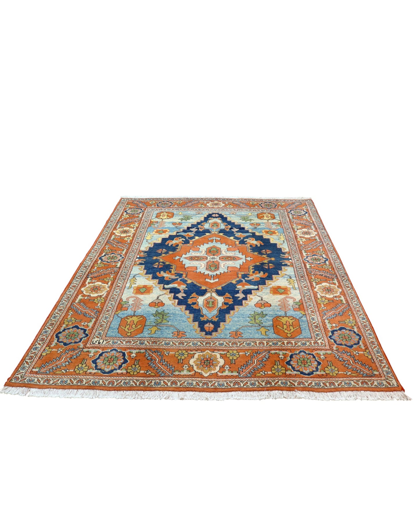 "Tappeto Heriz tradizionale con medaglione geometrico in azzurro, blu e terracotta, annodato a mano, 288x210 cm."