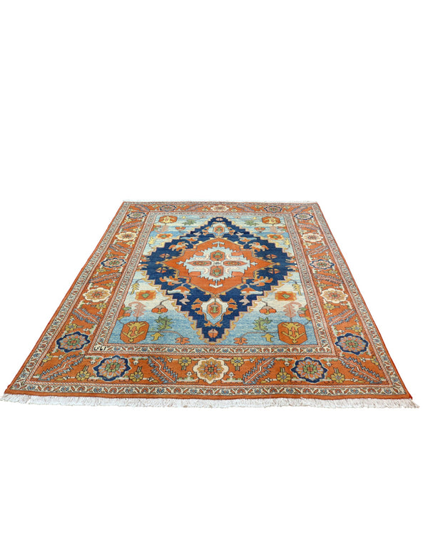 "Tappeto Heriz tradizionale con medaglione geometrico in azzurro, blu e terracotta, annodato a mano, 288x210 cm."