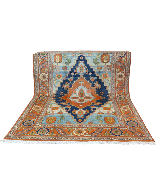 "Tappeto Heriz tradizionale con medaglione geometrico in azzurro, blu e terracotta, annodato a mano, 288x210 cm."