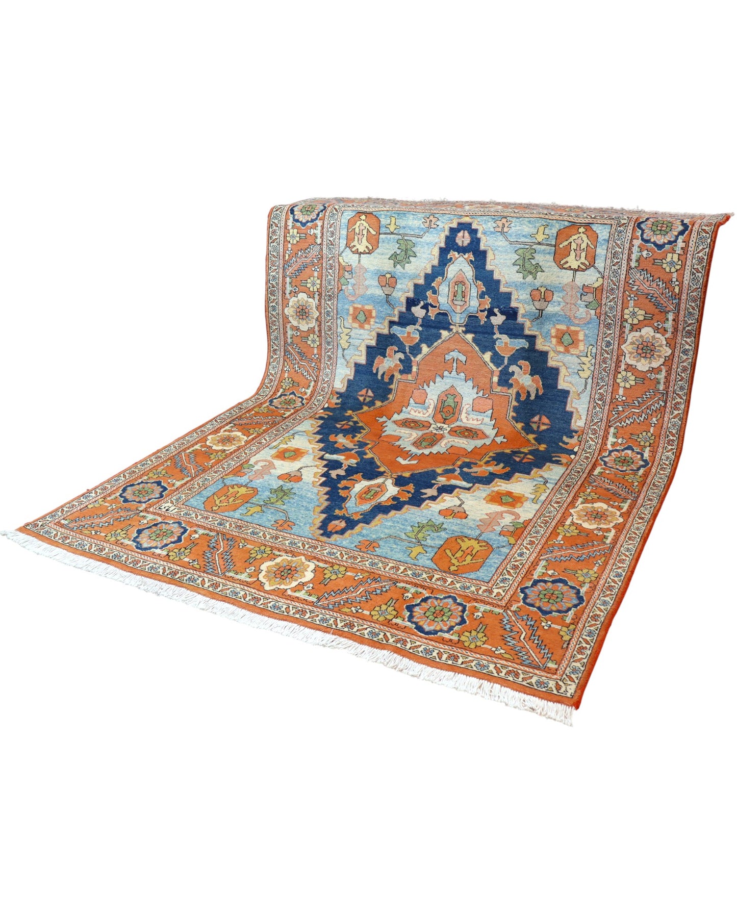 "Tappeto Heriz tradizionale con medaglione geometrico in azzurro, blu e terracotta, annodato a mano, 288x210 cm."