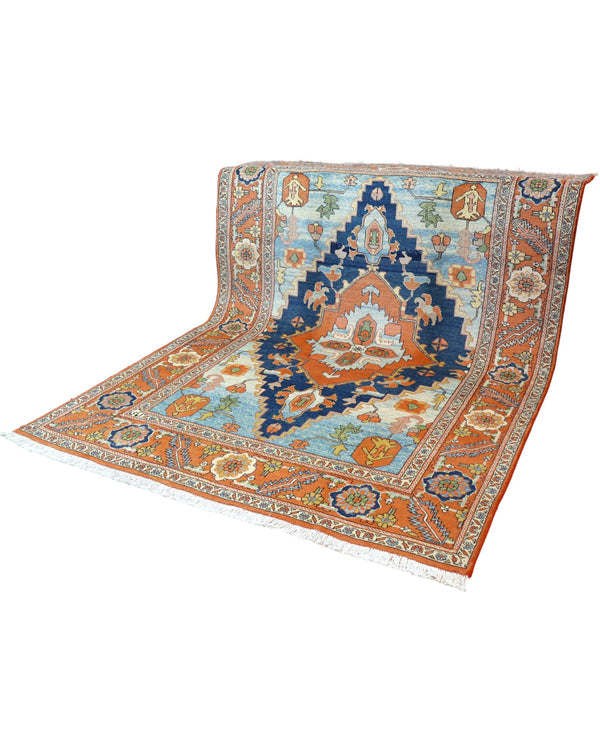 "Tappeto Heriz tradizionale con medaglione geometrico in azzurro, blu e terracotta, annodato a mano, 288x210 cm."