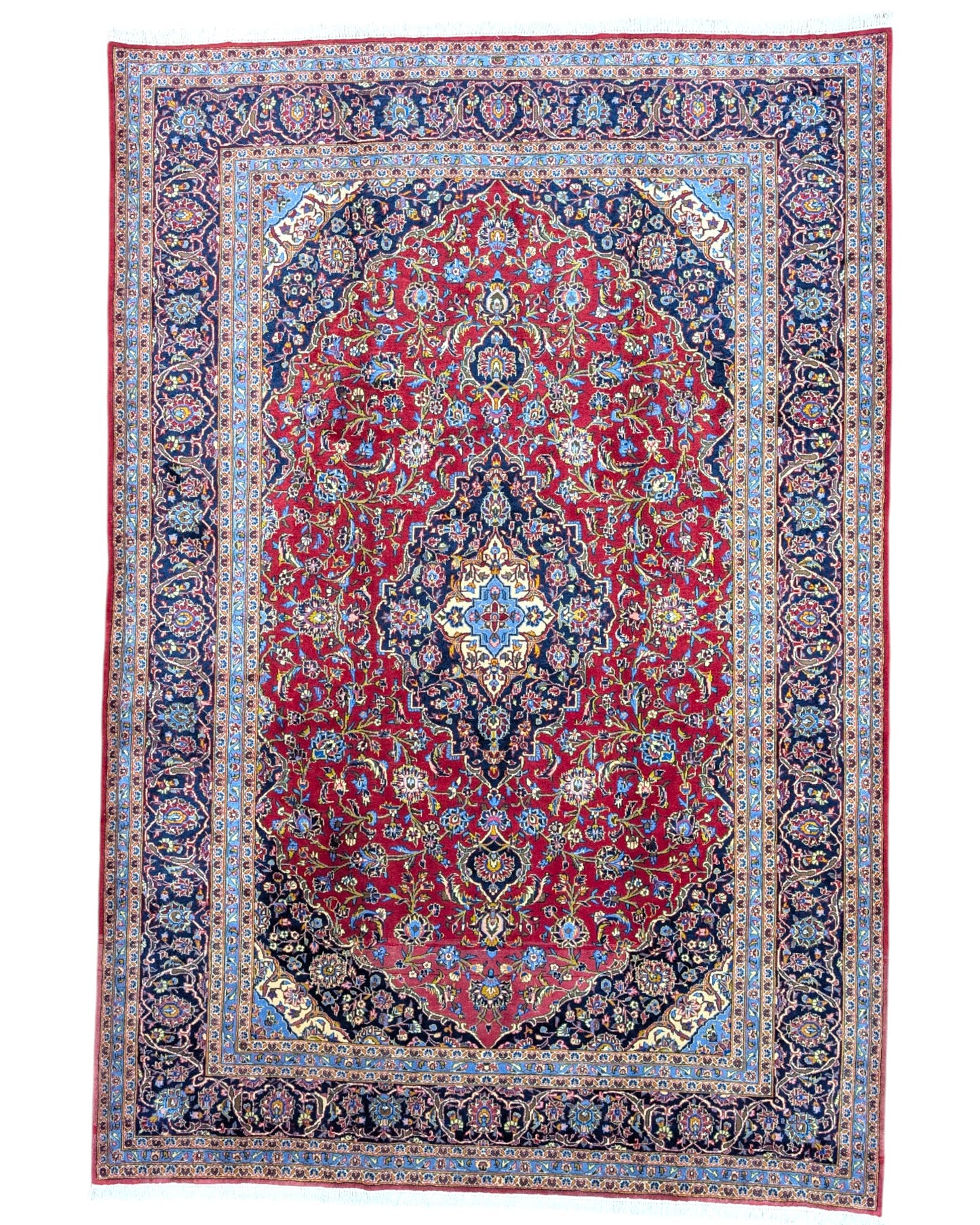 "Tappeto Kashan persiano rosso rubino con medaglione centrale e motivi floreali, 300x204 cm, annodato a mano."