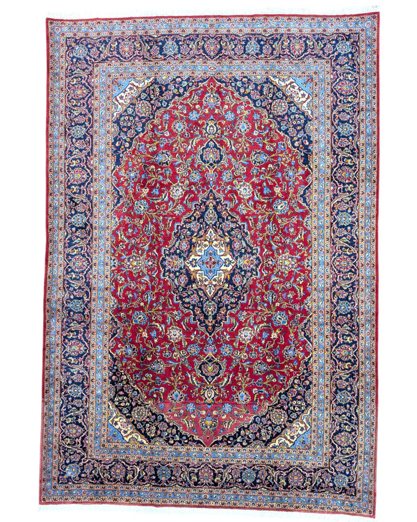 "Tappeto Kashan persiano rosso rubino con medaglione centrale e motivi floreali, 300x204 cm, annodato a mano."