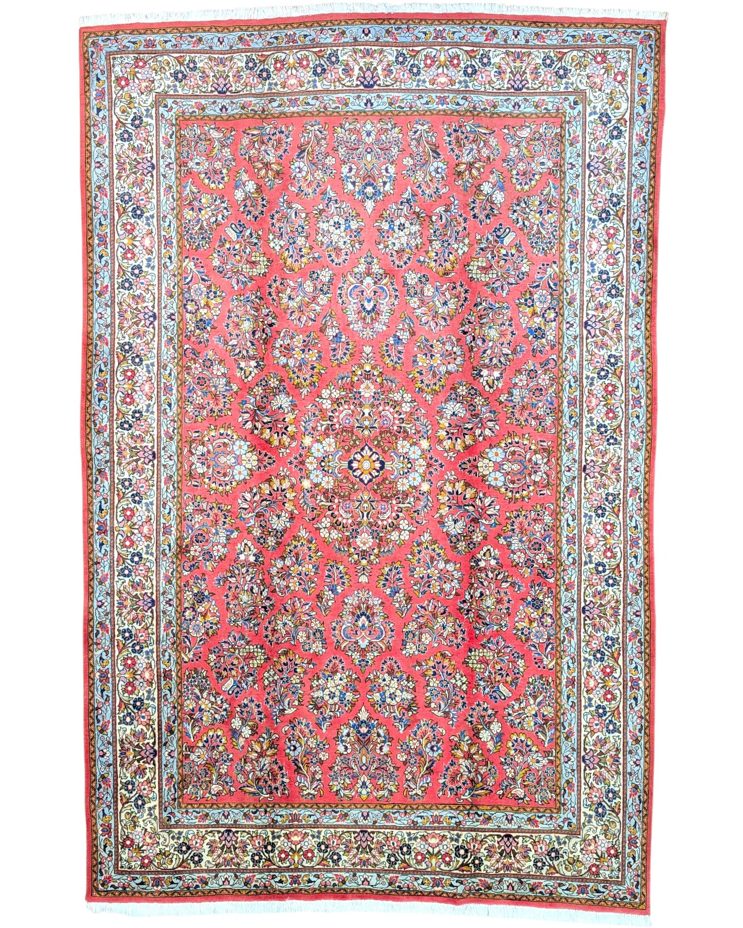 "Tappeto Saruk persiano rosso corallo con motivi floreali e bordura avorio e blu, 312x200 cm, annodato a mano."