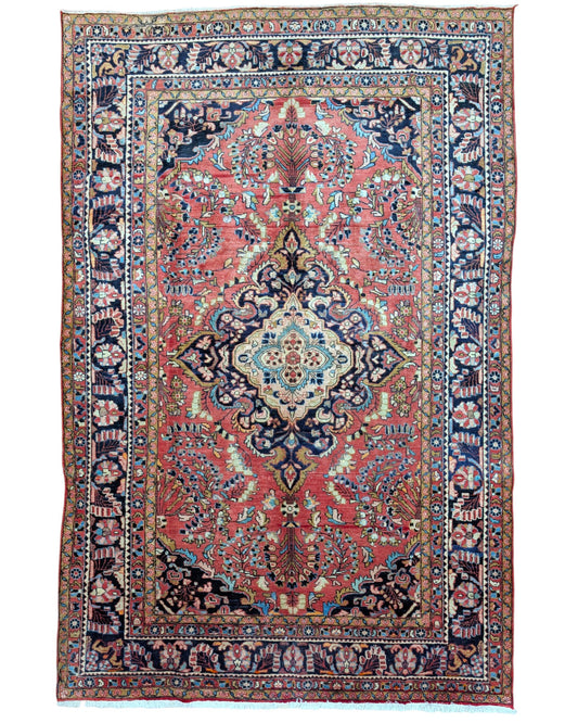 "Tappeto Liliyan persiano con fondo rosa antico e motivi floreali, 346x224 cm, annodato a mano."