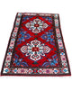Tappeto Hamedan persiano 167x100 cm annodato a mano, fondo rosso con motivi floreali avorio e dettagli blu, design tradizionale con medaglioni simmetrici