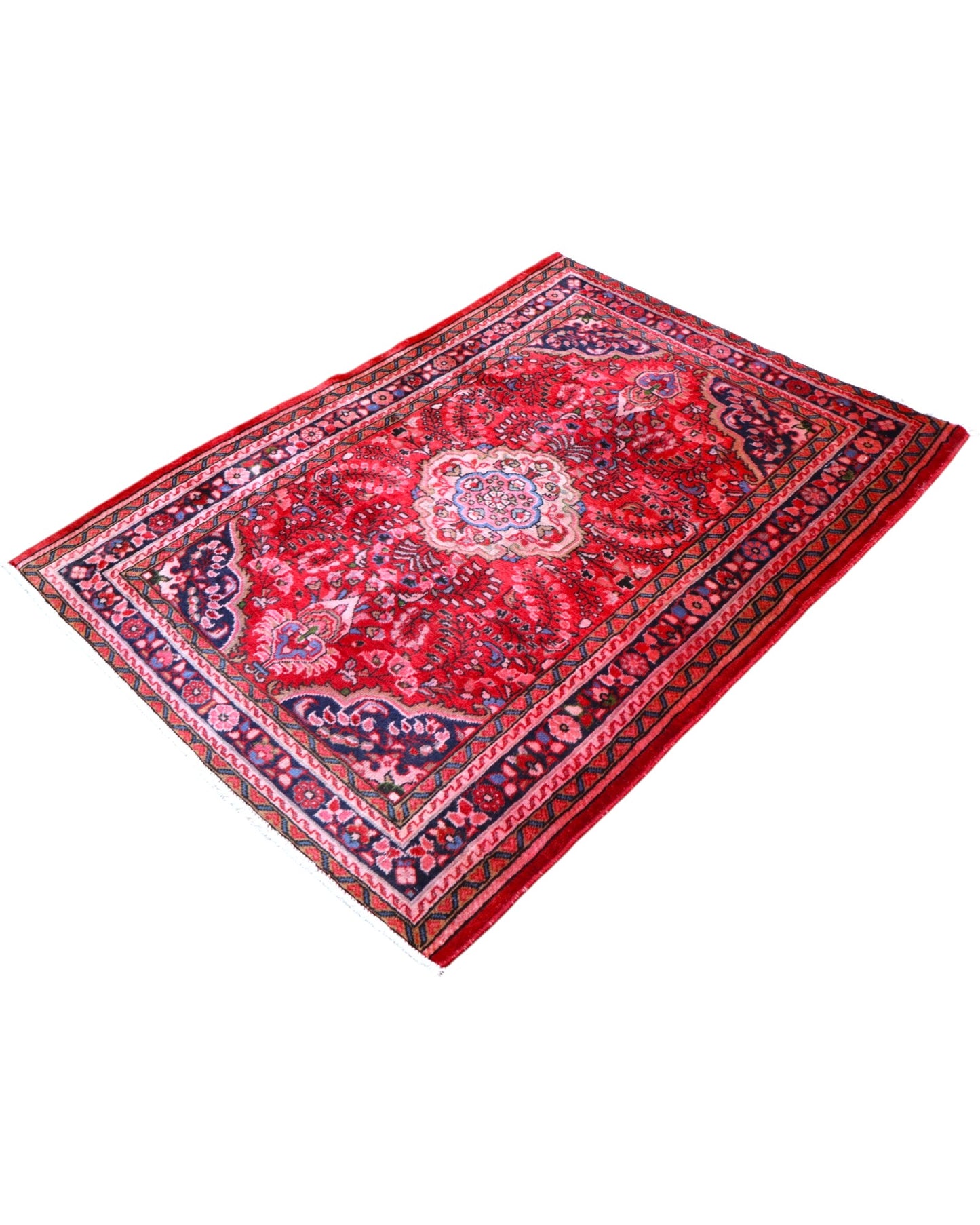 Tappeto Lilian persiano 149x112 cm annodato a mano, fondo rosso con medaglione floreale centrale e motivi decorativi in rosa e blu