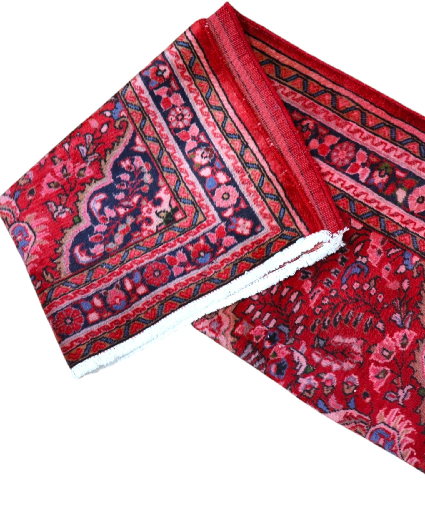 Tappeto Lilian persiano 149x112 cm annodato a mano, fondo rosso con medaglione floreale centrale e motivi decorativi in rosa e blu
