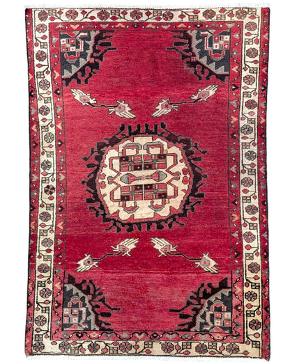 tappeto hamedan persiano 145x100 cm fatto a mano fondo rosso con medaglione centrale
