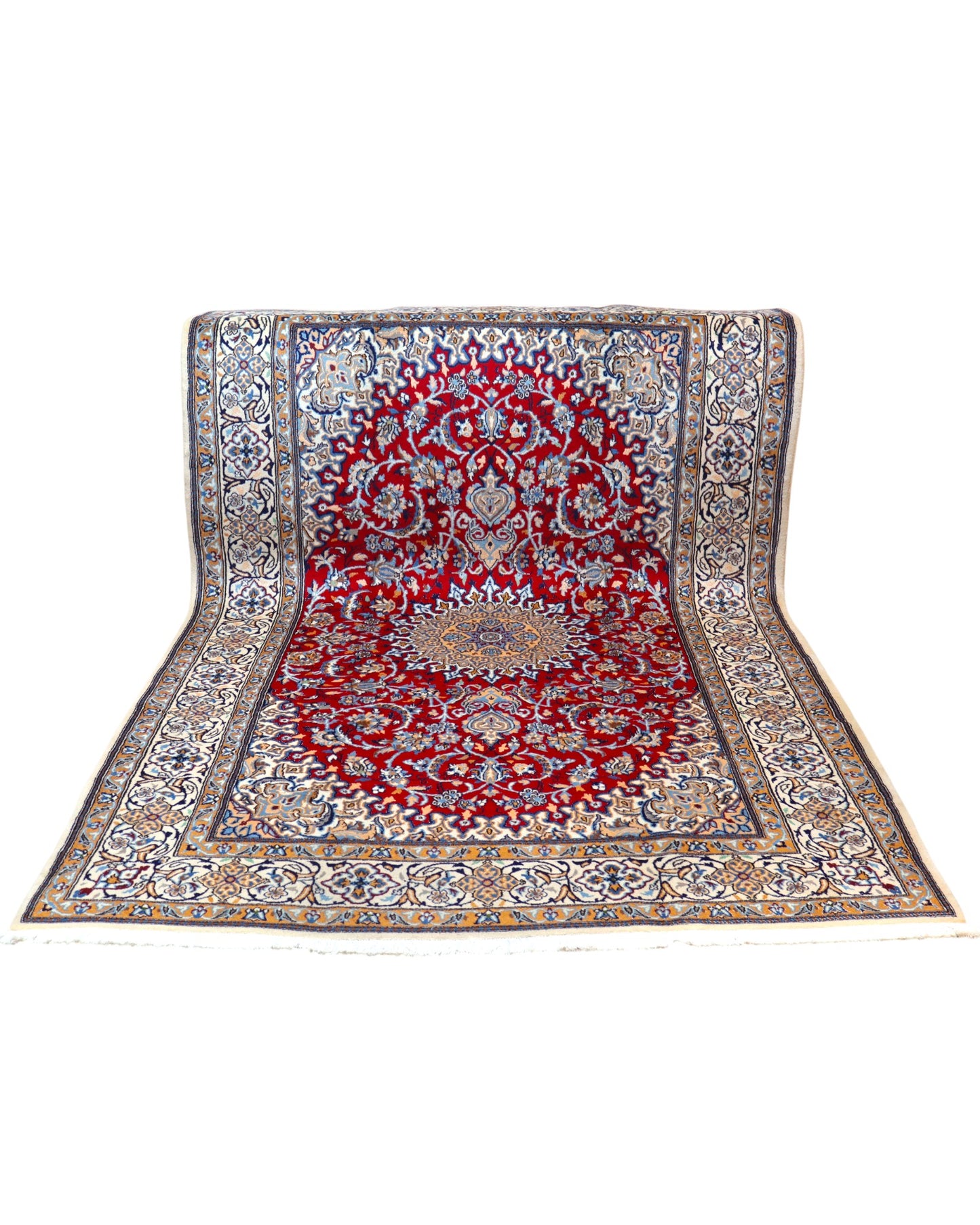 "Tappeto Nain persiano rosso rubino con medaglione avorio e motivi floreali, 302x201 cm, annodato a mano."
