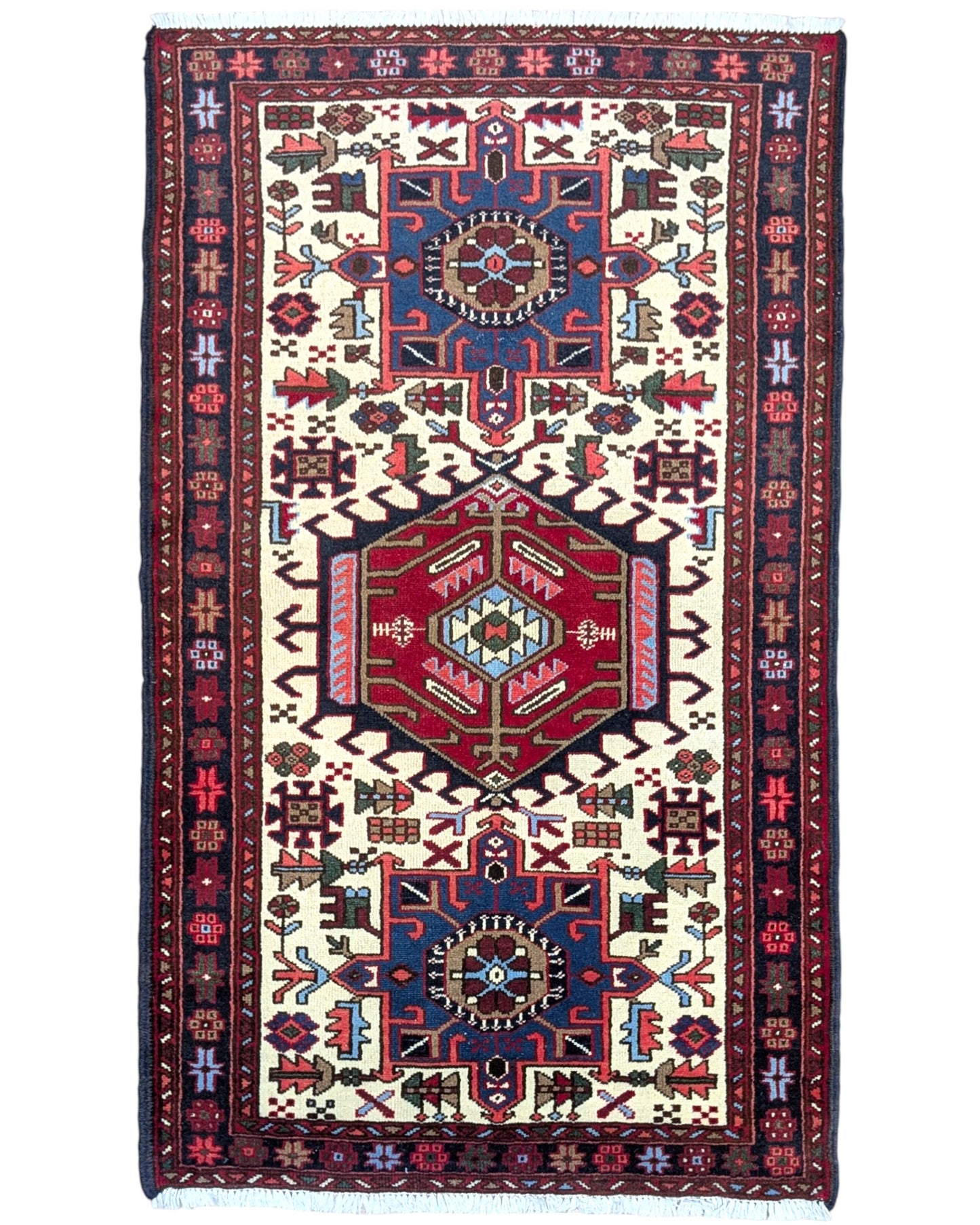 tappeto gharje caucasico 165x99 cm fatto a mano con motivi geometrici rosso e blu
