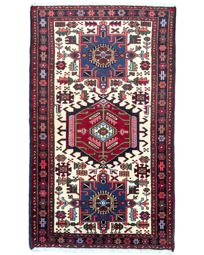 tappeto gharje caucasico 165x99 cm fatto a mano con motivi geometrici rosso e blu