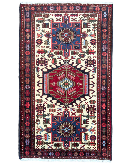 tappeto gharje caucasico 165x99 cm fatto a mano con motivi geometrici rosso e blu