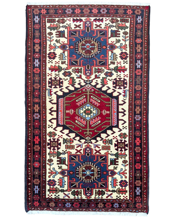 tappeto gharje caucasico 165x99 cm fatto a mano con motivi geometrici rosso e blu