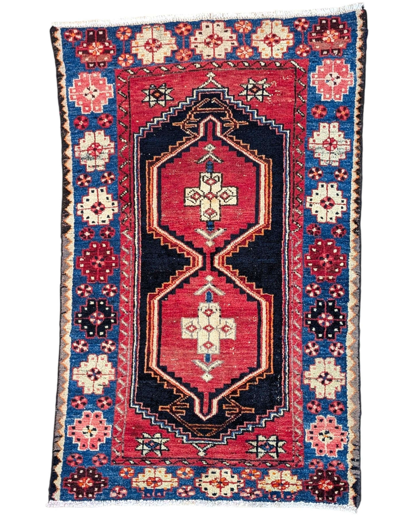 tappeto caucasico fatto a mano 146x91 cm con motivi geometrici rosso e blu