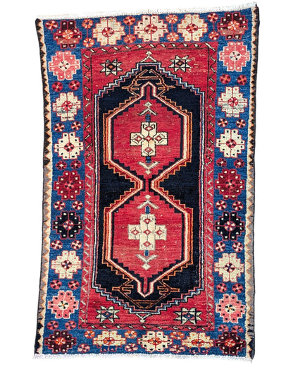 tappeto caucasico fatto a mano 146x91 cm con motivi geometrici rosso e blu
